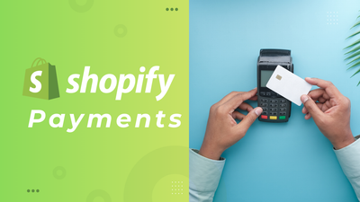 Links das grüne Shopify-Logo mit dem Schriftzug 'shopify Payments', rechts zwei Hände, die eine weiße Karte an ein Kartenlesegerät halten