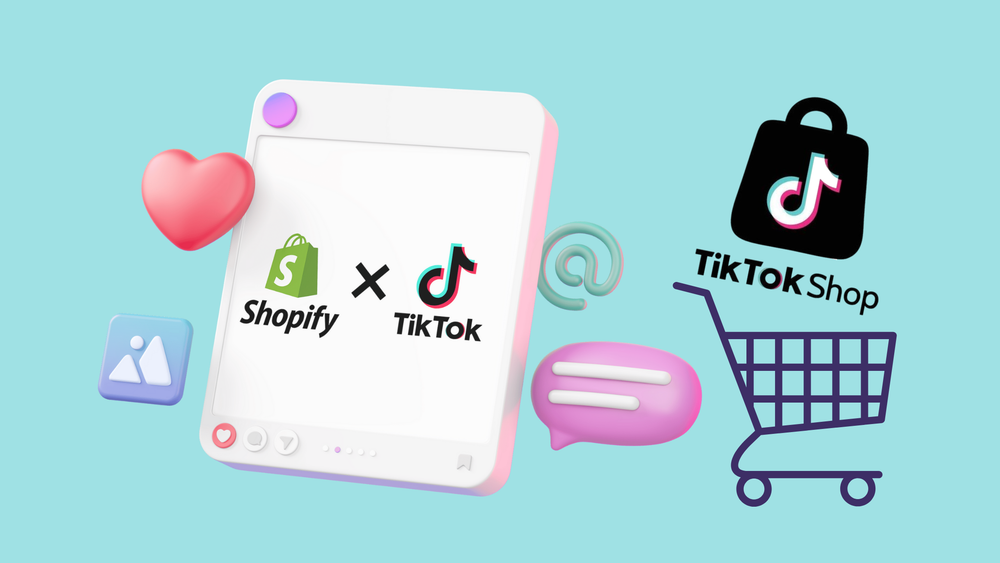 Grafische Darstellung mit den Logos von Shopify und TikTok, einem Einkaufswagen mit dem Schriftzug 'TikTok Shop' sowie Symbolen wie Herz, Sprechblase und E-Mail-At-Zeichen auf hellem Hintergrund