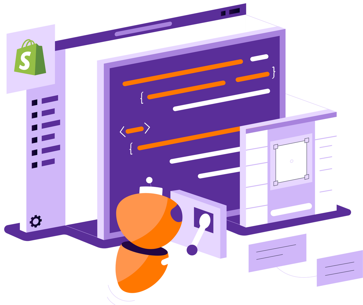 Illustration mit stilisiertem Roboter vor großen, abstrahierten Programmierfenstern und sichtbarem 'Shopify'-Logo.