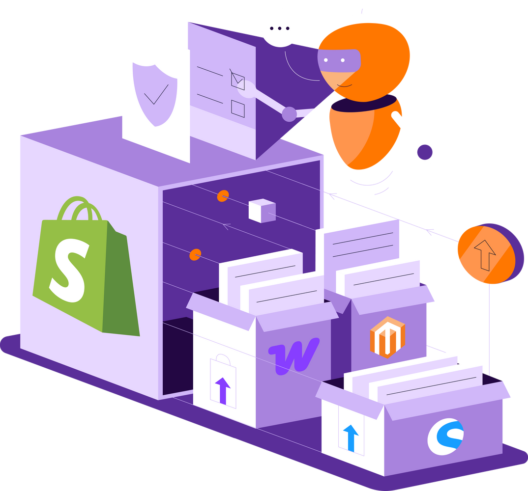 Stilisierte Illustration mit einem orangenen Roboter, der Kisten mit Webflow-, Magento- und Shopware-Logos in einen Schrank mit Shopify-Logo sortiert.
