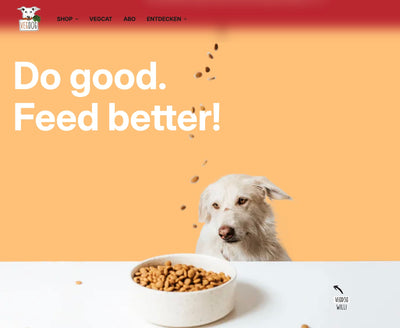 Ein weißer Hund blickt auf eine Schüssel mit Trockenfutter vor einem orangefarbenen Hintergrund mit dem Text 'Do good. Feed better!'