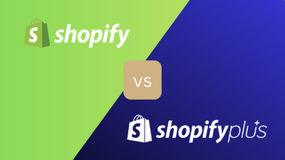 Links das grüne Shopify-Logo mit weißem Schriftzug, rechts das dunkelblaue Shopify Plus-Logo mit weißem Schriftzug, dazwischen ein braunes Quadrat mit weißem "vs"