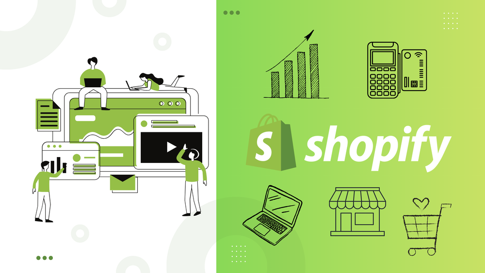 Links stilisierte Figuren vor großen Bildschirmen mit Diagrammen und Video, rechts grüne Symbole für Wachstum, Kassenterminal, Laptop, Laden und Einkaufswagen mit Herz, dazu das Shopify-Logo