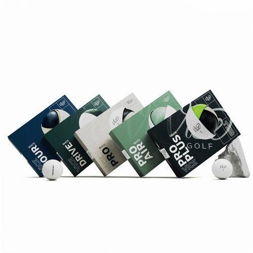 Fünf verschiedene Packungen mit Golfbällen in einer Reihe, jede Packung zeigt einen Golfball und hat unterschiedliche Farben und Beschriftungen wie "TOUR", "DRIVE", "PRO", "PRO AIR" und "PLUS"