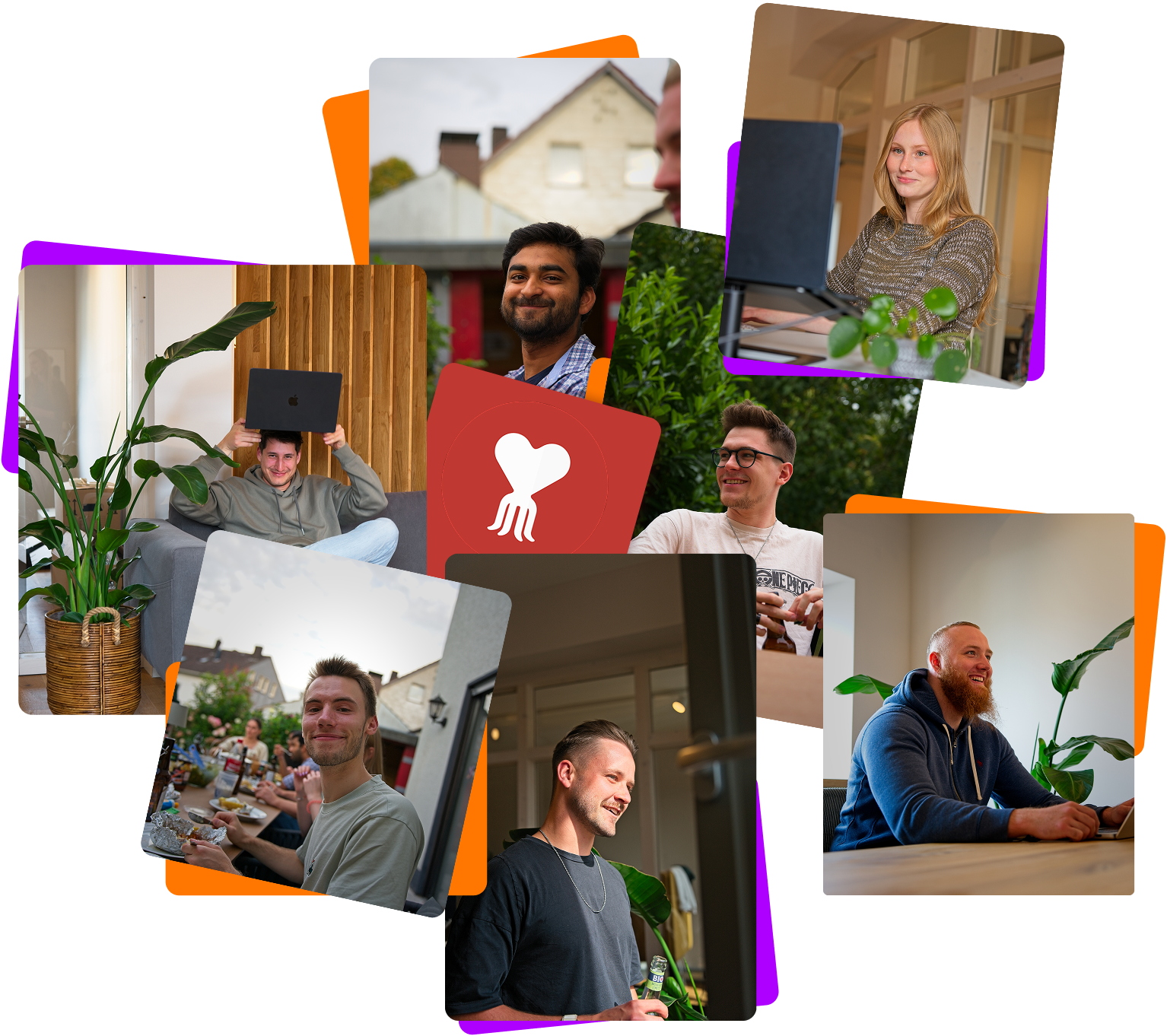 Collage aus mehreren Fotos mit Personen in verschiedenen Innen- und Außenräumen, teils mit Laptops oder Getränken, teils in Gesprächen oder entspannt sitzend
