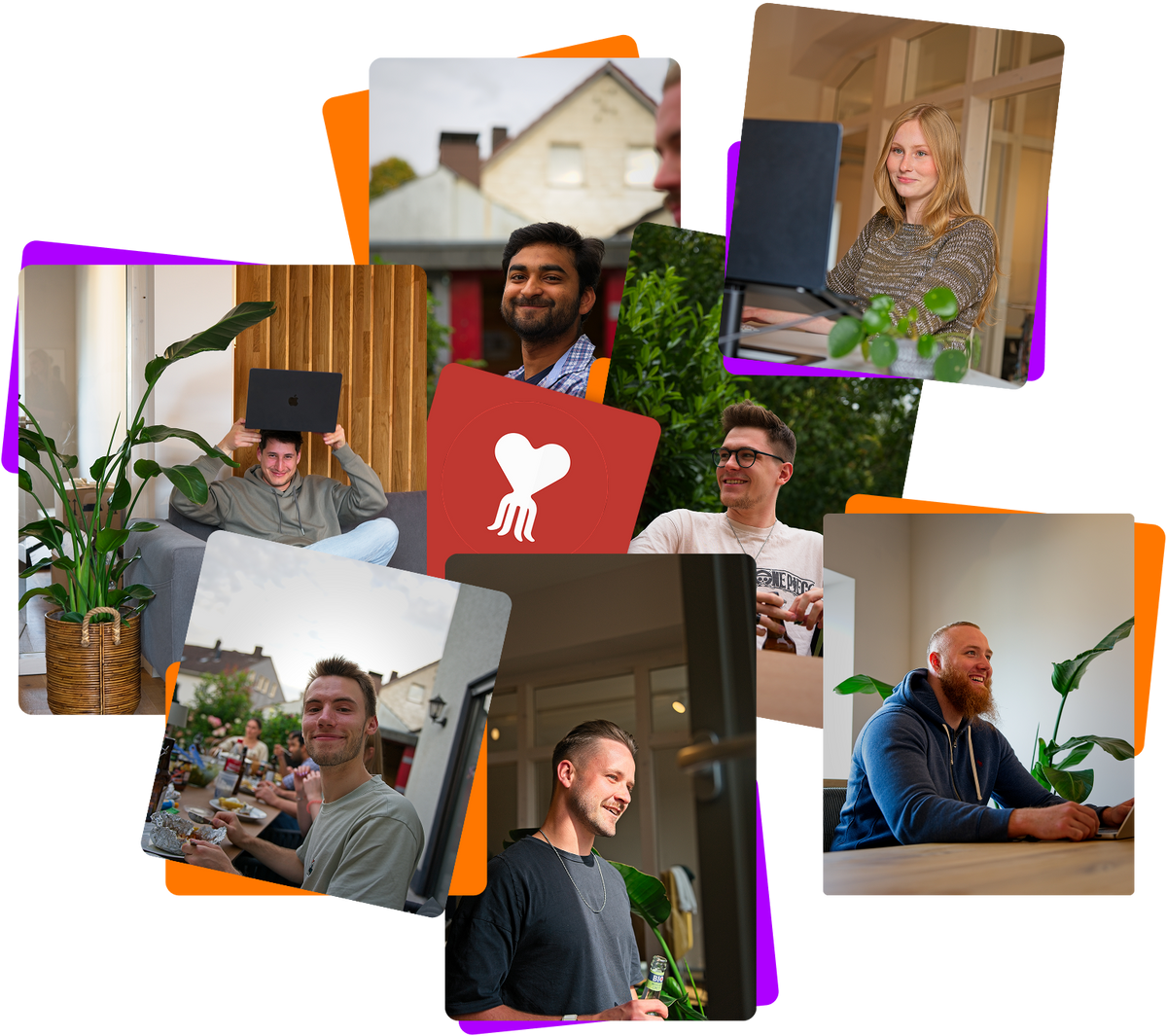 Collage aus mehreren Fotos mit Personen in verschiedenen Innen- und Außenräumen, teils mit Laptops oder Getränken, teils in Gesprächen oder entspannt sitzend