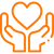 Orangefarbene Linienzeichnung von zwei nach oben geöffneten Händen, die ein Herz halten