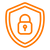 Orangene Linienzeichnung eines Schildes mit einem Vorhängeschloss in der Mitte