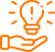 Orangefarbene Linienzeichnung einer geöffneten Handfläche mit einer leuchtenden Glühbirne darüber