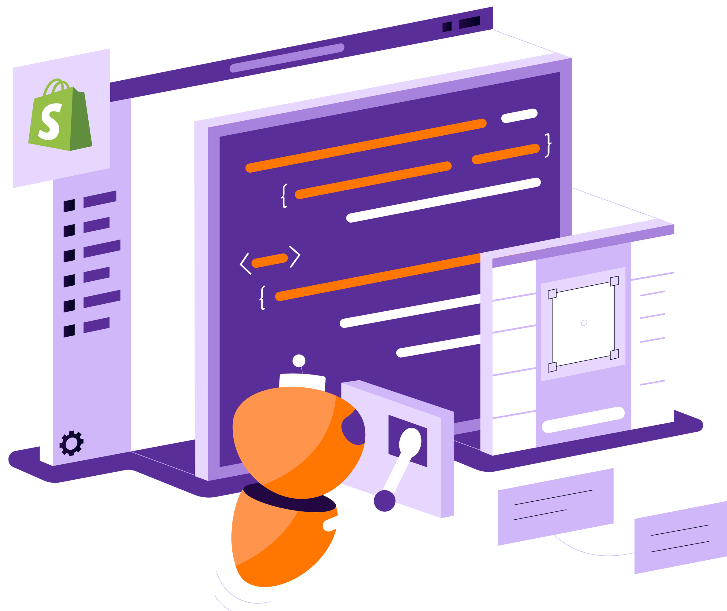 Illustration mit stilisiertem Roboter vor großen, abstrahierten Programmierfenstern und sichtbarem 'Shopify'-Logo.