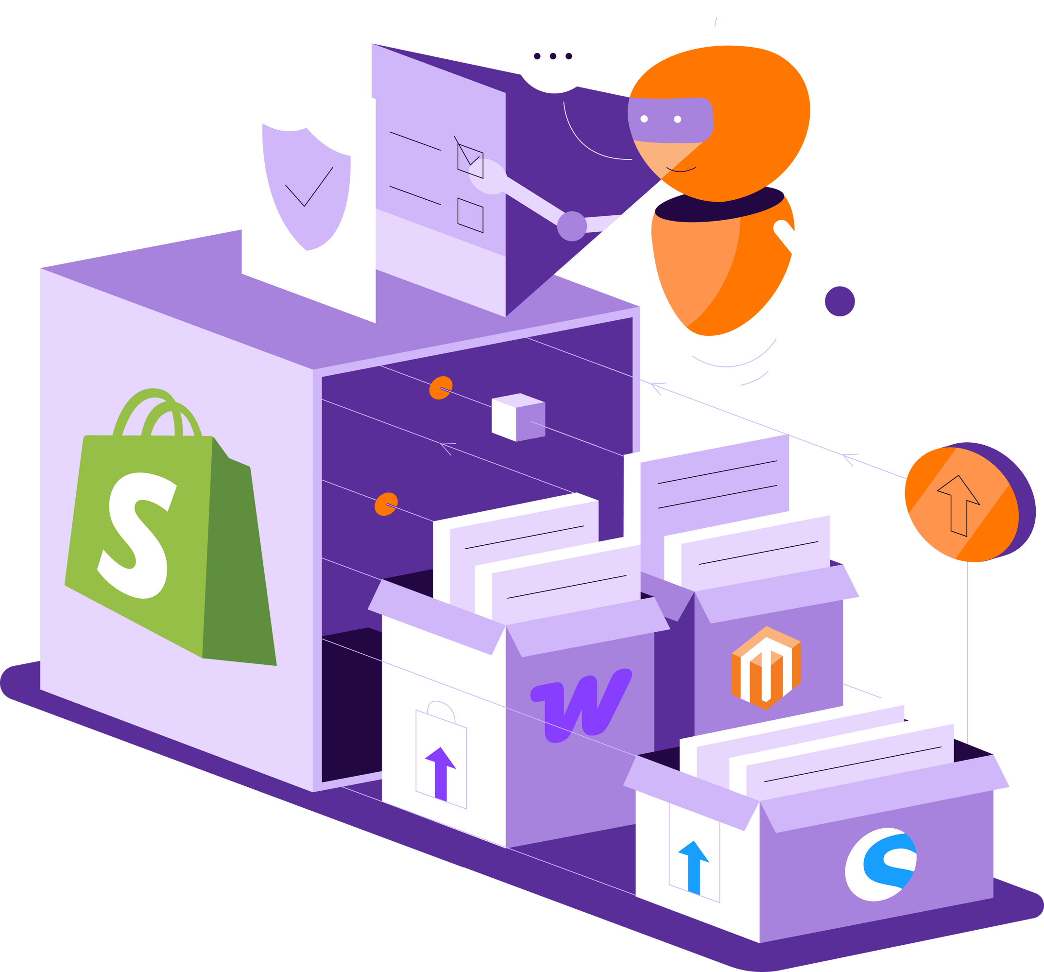 Stilisierte Illustration mit einem orangenen Roboter, der Kisten mit Webflow-, Magento- und Shopware-Logos in einen Schrank mit Shopify-Logo sortiert.