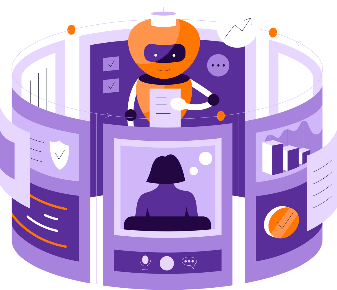 Illustration mit stilisiertem orangenem Roboter hinter Schreibtisch und Monitor mit mehreren Diagrammen und Symbolen im Hintergrund