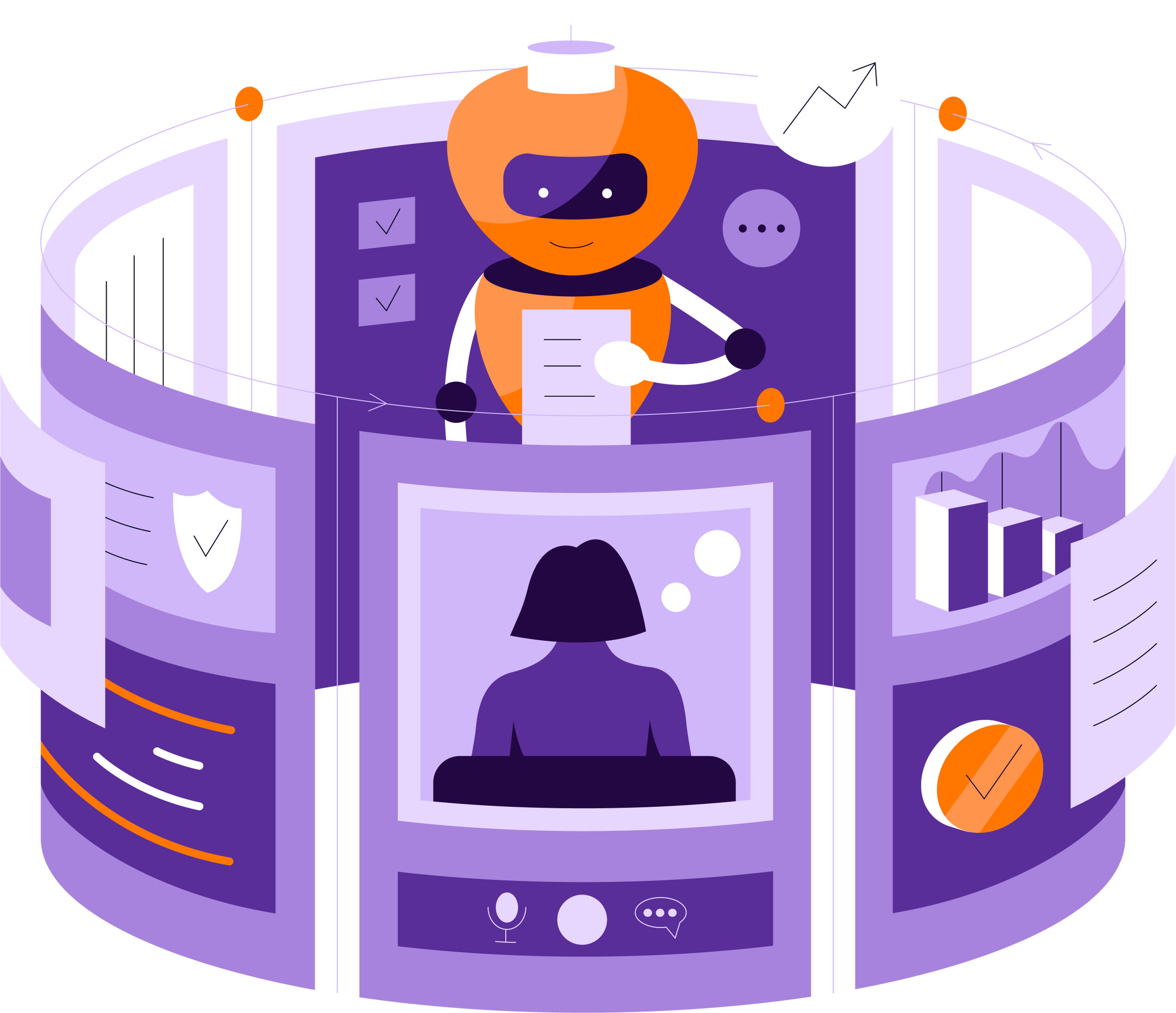 Illustration mit stilisiertem orangenem Roboter hinter Schreibtisch und Monitor mit mehreren Diagrammen und Symbolen im Hintergrund