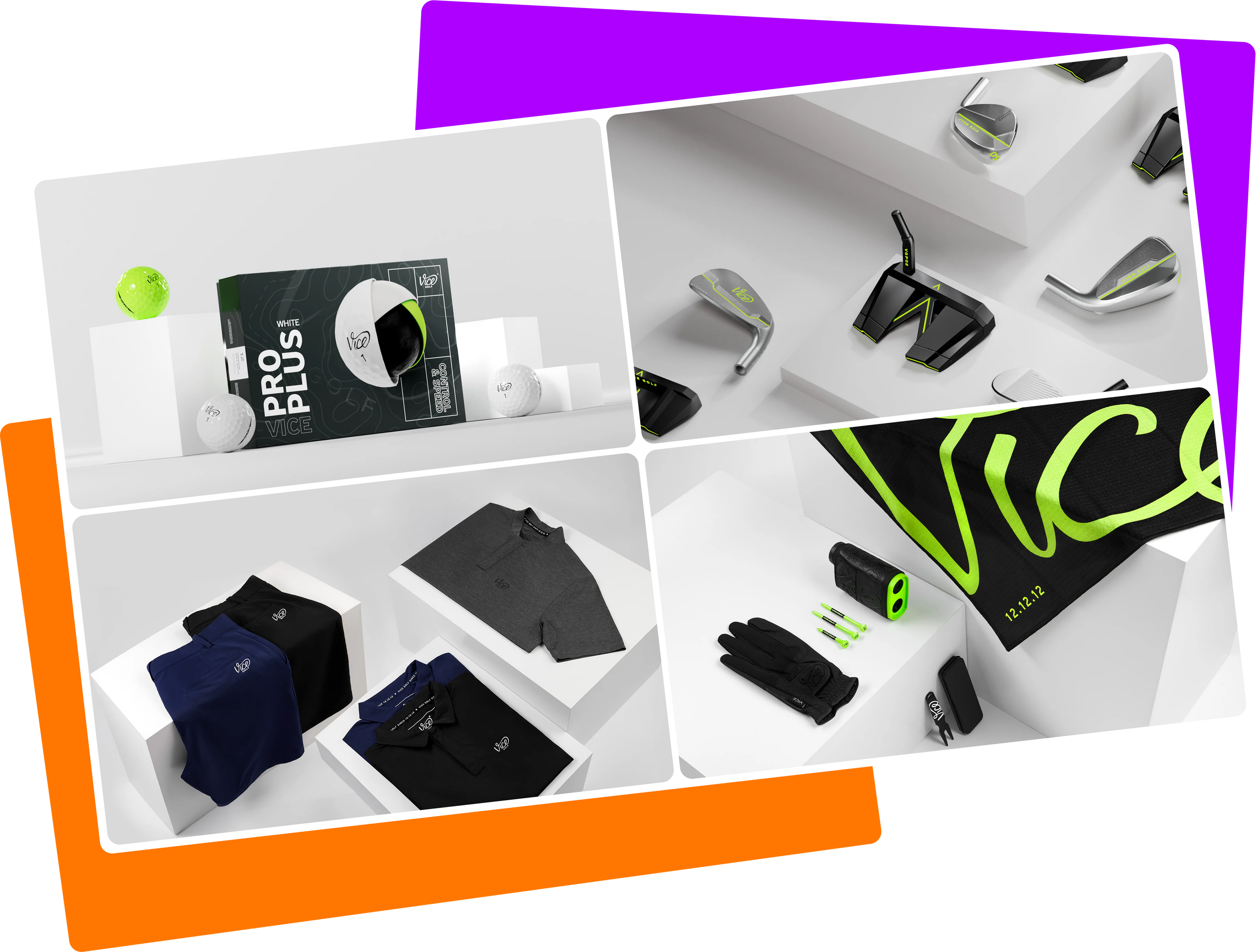 Vier Produktfotos zeigen Golfzubehör mit Golfbällen der Marke Vice Golf, Golfschlägerköpfe, schwarze und blaue Golfbekleidung sowie schwarze Handschuhe und Zubehör mit neongrüner Schrift auf schwarzem Hintergrund.