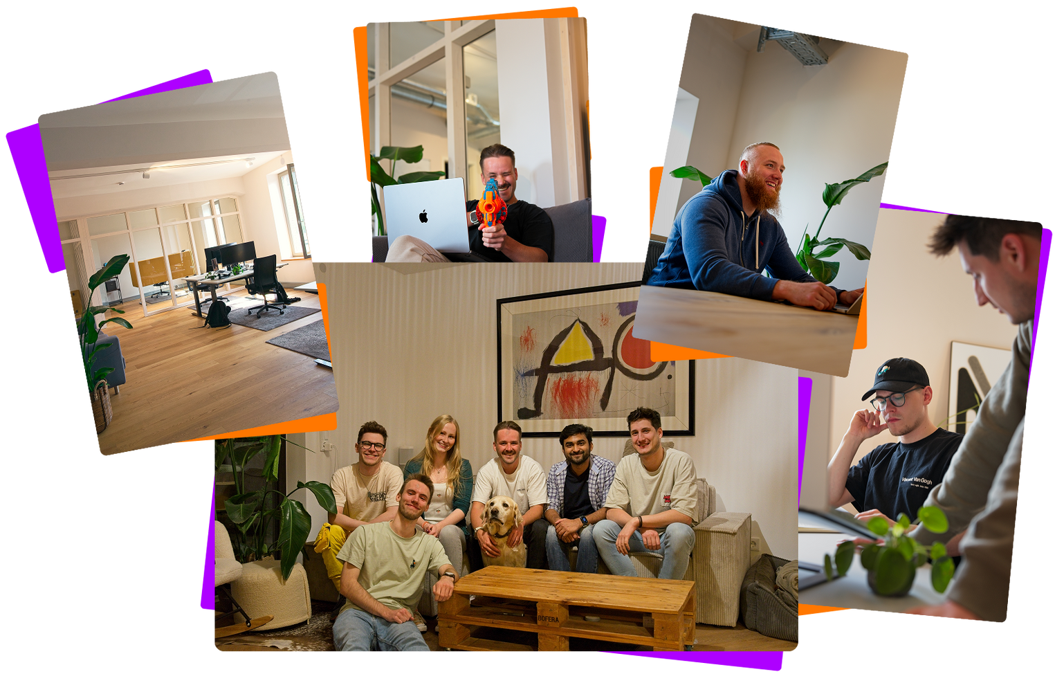 Collage aus mehreren Fotos mit einer Gruppe junger Menschen in einem modernen Büro und Wohnzimmer, teils sitzend an Tischen, teils auf einem Sofa mit einem Hund, eine Person hält eine bunte Wasserpistole vor einem Computerbildschirm