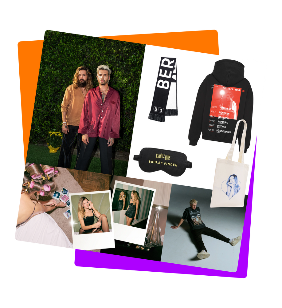 Zwei Personen, Tom und Bill Kaulitz von Tokio Hotel, vor einer grünen Hecke, eine trägt ein rotes Hemd, die andere ein beiges Oberteil, daneben Collage mit schwarzem Hoodie, Schal mit Aufdruck 'BER', Schlafmaske der Marke "Kaulitz Hills" mit Aufschrift 'Schlaf finden', weiße Stofftasche mit Portrait der Sängerin LEONY, Polaroidfotos von LEONY in schwarzer Kleidung und eine Person in lässiger Pose auf grauem Hintergrund.