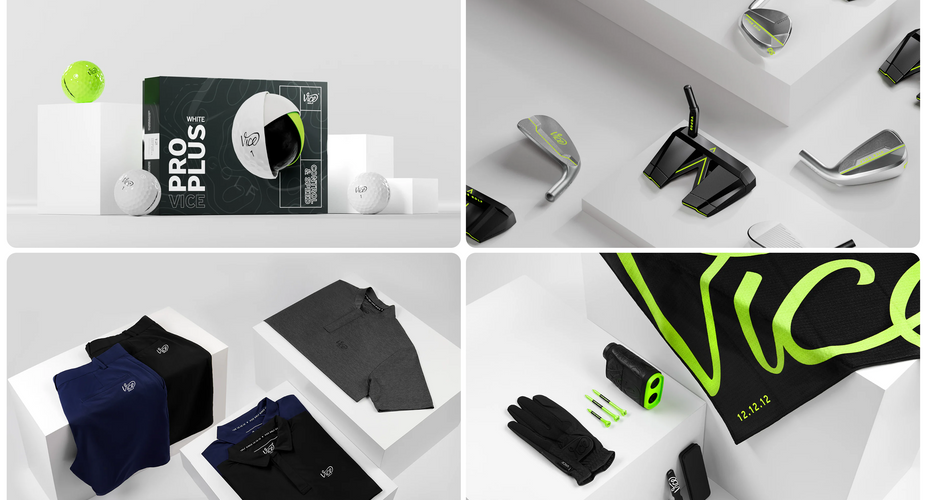 In einer Collage aus vier Rechtecken werden jeweils verschiedene Produkte der Marke Vice Golf gezeigt. Oben links befindet sich ein Golfball-Set, in dem Rechteck darunter liegen Polohemden in grau, schwarz und dunkelblau. Das Rechteck in der oberen rechten Ecke zeigt Golfeisen in unterschiedlichen Formen. Ganz unten rechts sieht man unterschiedliches Golf-Equipment in schwarz und neongrün mit der Aufschrift "Vice". 